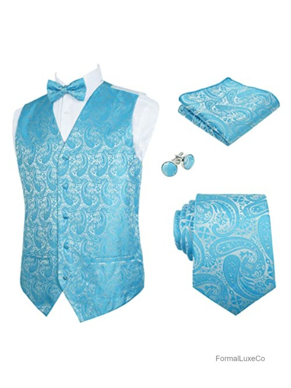 Mens 5pc Paisley Vest Tie Bow Tie Pocket Square Cufflinks Set Formal Suit